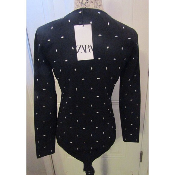 Zara Bodysuit NWT Black V Neck Silver Studded Knit Sweater Womens Size L - Picture 5 of 10